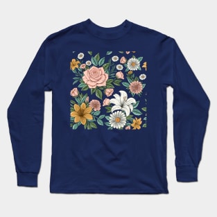 Rose, Hibiscus and Daisy Pattern Long Sleeve T-Shirt